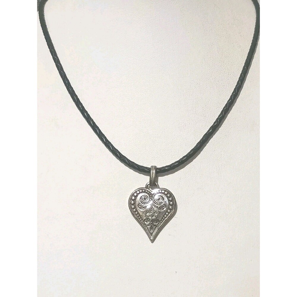 Brighton Ophelia Silver Plated Heart Pendant On Braided Leather Cord Necklace